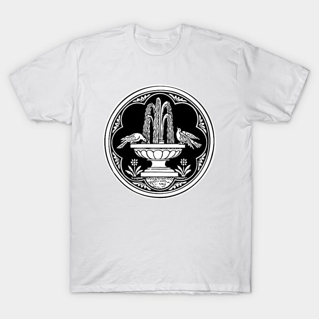 Birds and Fountain - Circle - white bkg T-Shirt by DeoGratias